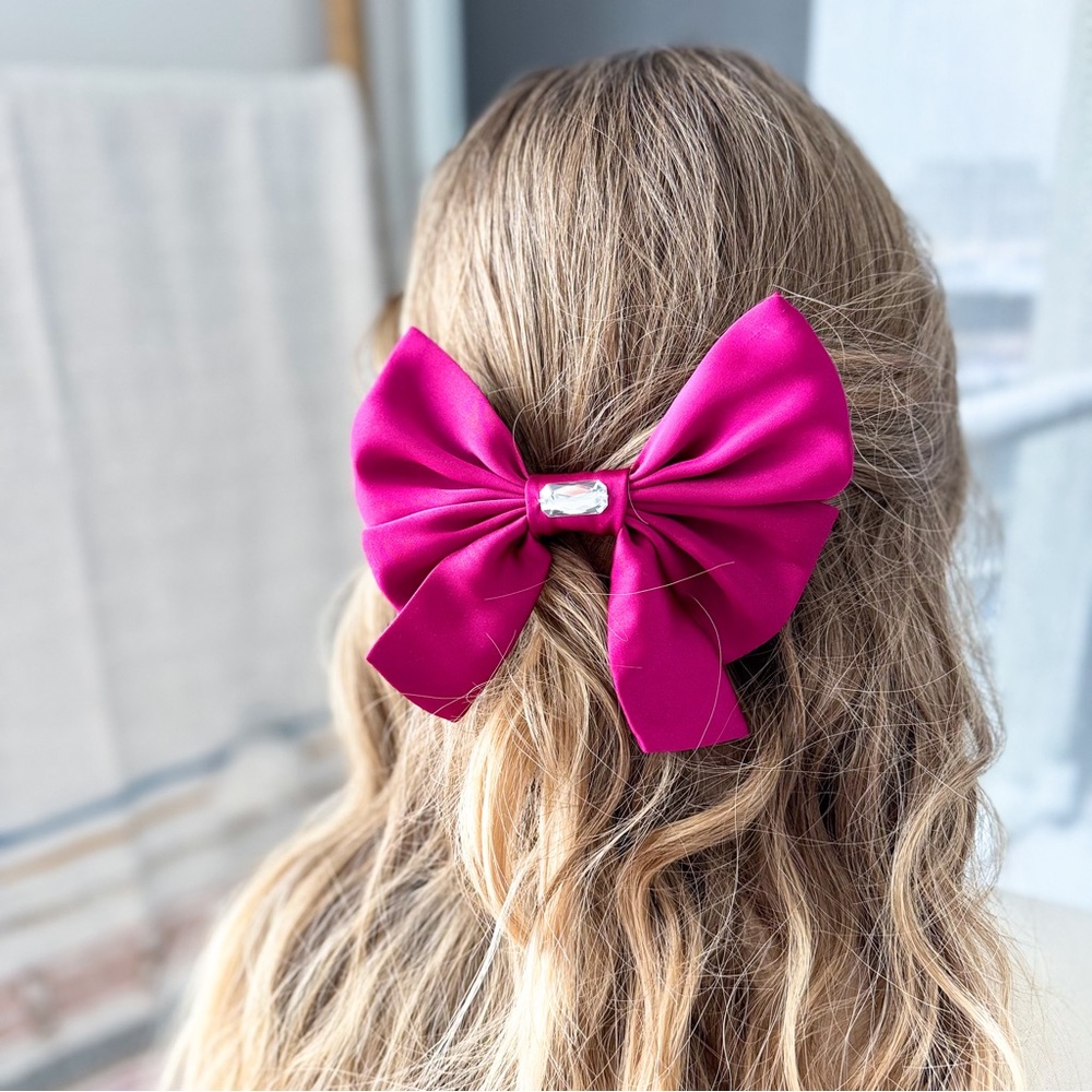 Handmade Magenta Pink Satin Hair Bow Clip With Jewel Made by ClosetVenture - Picture 3 of 4
